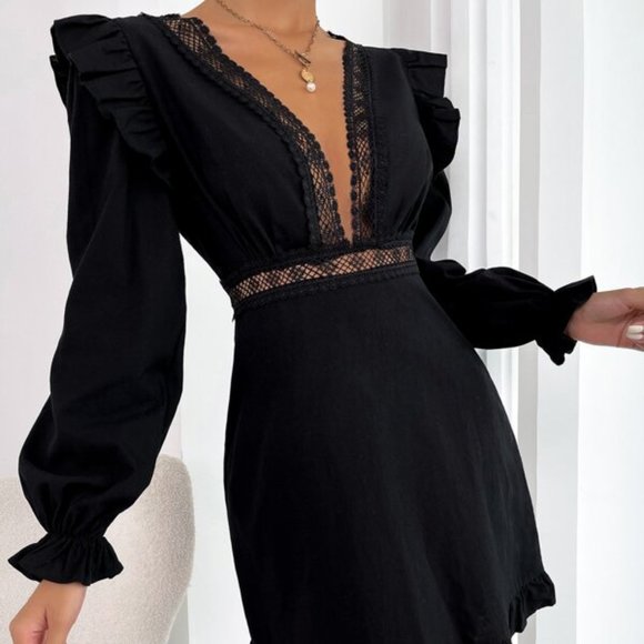 Plunging Neck Lace Ruffle Long Sleeve Mini Dress Black - Picture 7 of 12